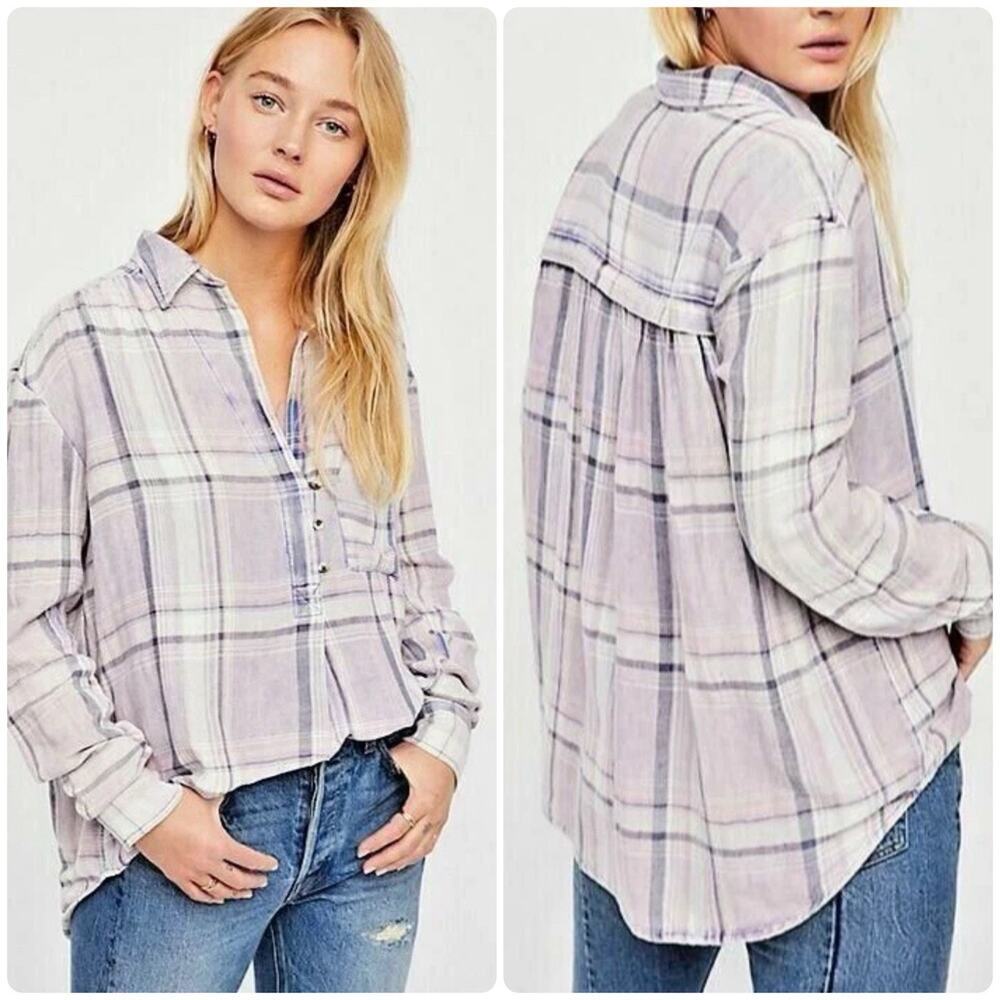 FREE PEOPLE Washed Away Plaid Pullover Top Purple Flannel Asymmetrical Size L - Picture 2 of 12
